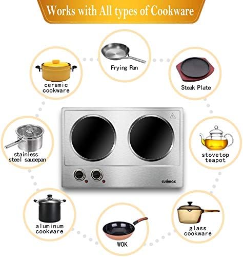 Double Burner, CUSIMAX 1800W Ceramic Electric Hot Plate for Cooking, Silver - Image 2