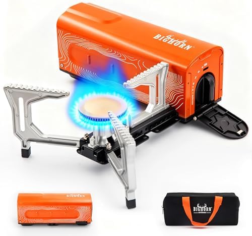 BIG HORN OUTDOORS Butane Camping Stove, Portable Folding Gas Burner with Carry Bag for Camping, Emergency Use and Outdoor Cooking, Orange by BigHornOutdoors