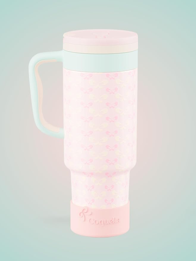 40 oz Insulated Tumbler with Handle and Push-Button Straw Lid, Stainless Steel Travel Cup for Gym Office, Leakproof, BPA-Free, Cup Holder Friendly, Bow Silicone Boot, Pink (Coquette Bloom) - Image 2