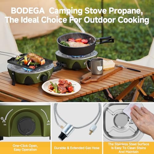 BODEGA 2 Burner Camping Stove,20000 BTU Foldable Propane Camp Stove with Pressure Adjustable Burners,Wind-Resistant Dual Gas Stoves with Portable Handle&Bag&GrillPan for Camping,BBQ,RV,Tailgating - Image 4