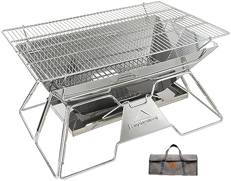 CAMPINGMOON Large Portable Campfire Fire Pit BBQ Grill Stainless Steel Foldable Collapsible Wood Burning Charcoal Grill for Heavy Duty Outdoor Cooking RV Camping, 20x13-inch, Carry Bag included MT-3 by CAMPINGMOON
