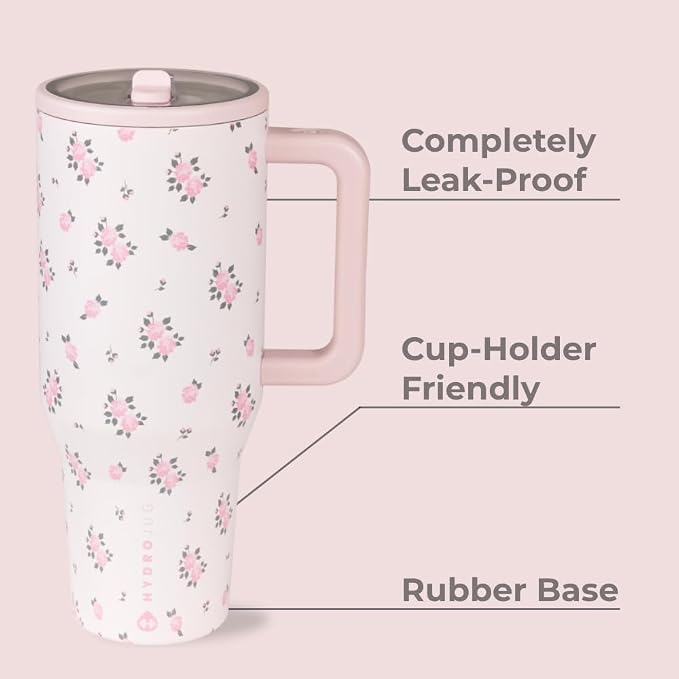 HydroJug Traveler - 32 oz Water Bottle with Handle & Flip Straw - Fits in Cup Holder, Leak Resistant Tumbler-Reusable Insulated Stainless Steel & Rubber Base - Gifts for Women & Men, Wildrose - Image 2