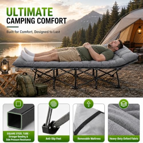 Aoran Camping Cot for Adults 28" Extra Wide,Portable Cot Bed with Mattress,Heavy Duty Camp Sleeping Bed for Camping,Travel,Home and Office Nap,Max Load 450 LBS - Image 6