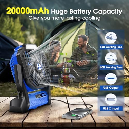 Portable Rechargeable Fan, 20000mAh Cordless Battery Powered Camping Fans - Image 2