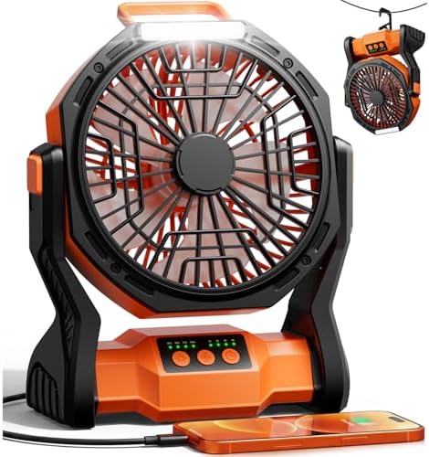 Camping Fan Rechargeable, 20000mAh Battery Powered Fan with LED Light & Hook, Portable Fans Rechargeable for Indoor, Outdoor, Tent, Travel, Jobsite, Fishing, Gifts for Men Dad by ZIQENLk