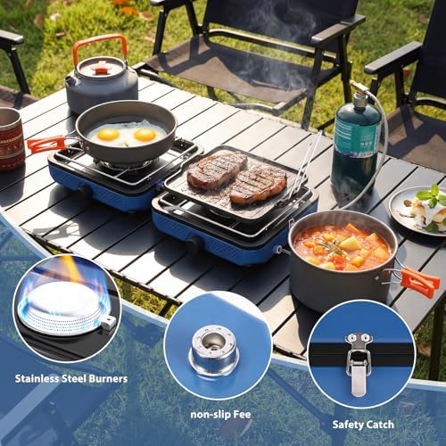Hisencn Camping Stove 2 Burner Foldable Propane Camping Stove with Cookware - Image 5