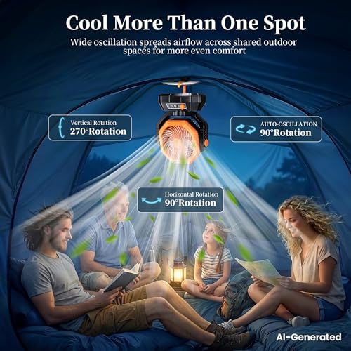AJVV Camping Fan with Light, Remote and Oscillation, Battery Powered Hanging Tent Fan, Rechargeable Portable for Camp, Outdoor, Emergencies, Fishing, RV Travel, Jobsite - Image 2