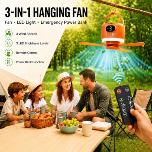 Camping Tent Fan with Light, Rechargeable Hanging Fan with Remote (Orange) - Image 2