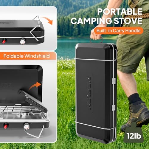 ROVSUN 3 Burner Portable Camping Stove with Igniter, 30000 BTU Propane Camp Stove with Adapter, Built-in Handle & Foldable Wind Panel for Outdoor Camping, Tailgating, Grilling - Image 4