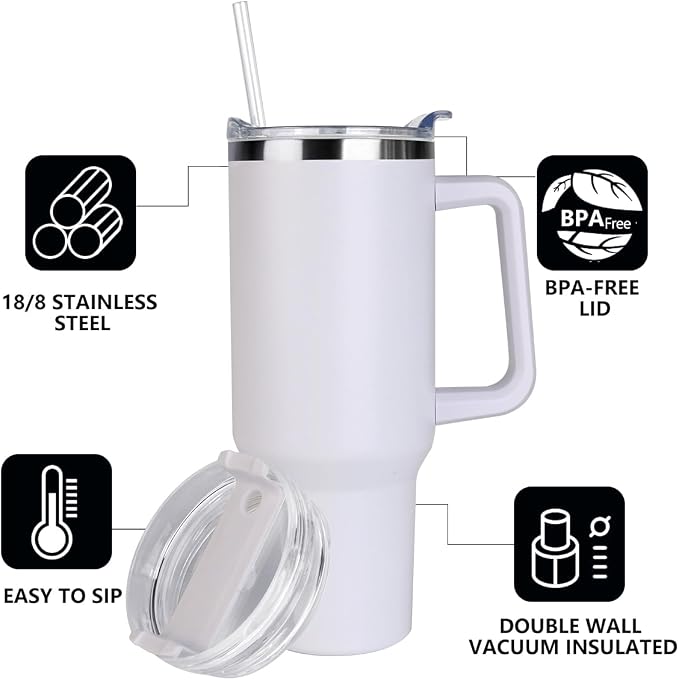 SYACOT 40 oz Tumbler with Handle and Straw Stainless Steel Insulated Tumbler Leak Proof Lid and Straw Lid Reusable Travel Mug Coffee Mug Cup Dishwasher Safe Keep Drinks Cold and Hot (Winter White) - Image 4