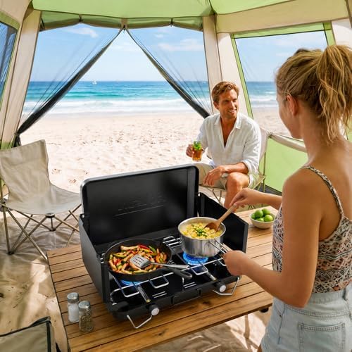 ROVSUN 2 Burner Portable Camping Stove with Adapter, 20000 BTU Tabletop Propane Camp Stove with Built-in Handle & Foldable Wind Panel for Outdoor Camping, Tailgating, Grilling - Image 7