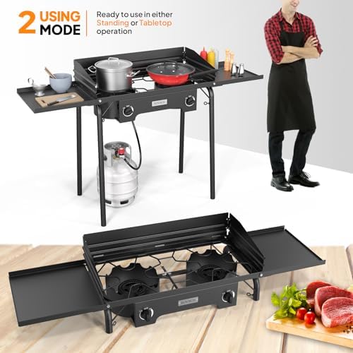 ROVSUN 2 Burner Outdoor Camping Stove with Wind Panel & Shelves, Heavy Sturdy Propane Burner, Gas Cooker with Detachable Legs & CSA Regulator for Home Camp Paito Cooking Frying Canning - Image 4