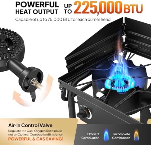 ROVSUN 3 Burner Gas Stove with 2 Side Shelves, 225,000BTU Portable Propane Stove with Removable Leg, Wind Panel, Regulator for Camping Home Backyard Outdoor Cooking Brewing Canning Turkey Frying - Image 3