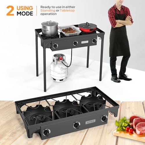 ROVSUN 3 Burner Propane Gas Stove, 225,000 BTU High Pressure Outdoor Camping Burner with CSA Listed Regulator, Picnic Cooker Perfect for Home Brewing Maple Syrup Patio Turkey Frying Canning - Image 5