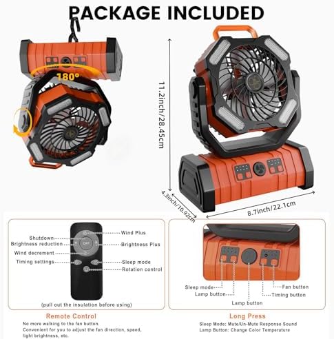 Portable Fan Rechargeable - 20000mAh Battery Powered Fan with LED Lantern Portable Outdoor Tent Fans with Remote,Hook,Timer, 4 Speeds for Camping Tent Bedroom Home Fishing Table - Image 7