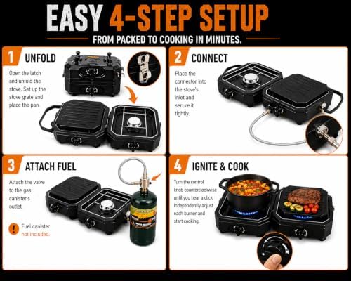 Camping Stove 2 Burner Propane with Griddle, Portable Foldable Camp Stove with Piezo Ignition, Adjustable Burners, Gas Hose & Carry Bag - Image 6