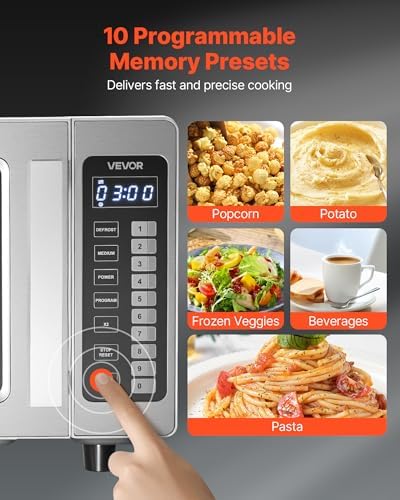 VEVOR Commercial Microwave Oven, 0.9 Cu Ft, 1000W Digital Stainless Steel Countertop Microwave Oven with Touchscreen, 10 Cooking Presets, 5 Power Levels, Multi-Lock Door & Easy Clean for Restaurants - Image 4