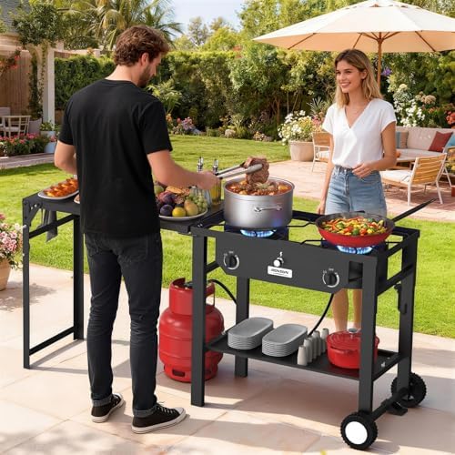 ROVSUN 2 Burner Outdoor Propane Gas Stove with Foldable Work Station, Auto-ignition & Regulator, 150,000 BTU Powerful Camping Burner with Portable Wheels for Backyard Patio Cooking Brewing Frying - Image 7