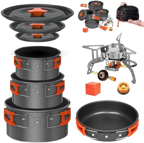 Smokey Camp Camping Cookware Mess Kit Set with Stove - Backpacking Camping Pots and Pans Set, All in One Non-Stick Camping Cooking Set, Portable Stove, Hiking, Picnic, Outdoor & Camping Cookware Set by SmokeyCamp