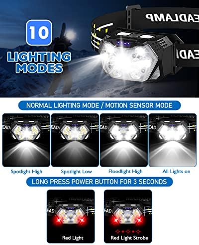 2000LM Ultra Bright 9 LED Headlamp, USB C Rechargeable Headlight, 10 Modes, Waterproof Motion Sensor Head Lamp Flashlight with White Red Light, Adjustable Headband for Adults Outdoor Hiking - Image 3