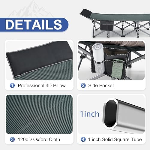 Fragess Camping Cot, Sleeping Cots for Adults, Portable Camping cots with Mattress, Pillow and Carry Bag, 1200D Double Layer Oxford, 600 LBS Weight Capacity Cots for Sleeping(Grey+Black) - Image 4