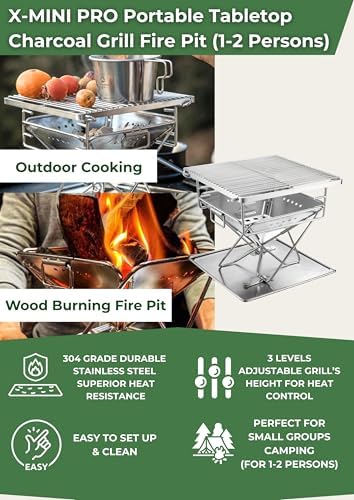 CAMPINGMOON Portable Charcoal Grill 9.65 Inch Stainless Steel Tabletop Grill Fire Pit 3 Level Adjustable Height Grill for Camping Outdoor Cooking Barbecue Carry Bag X-MINI-PRO - Image 2