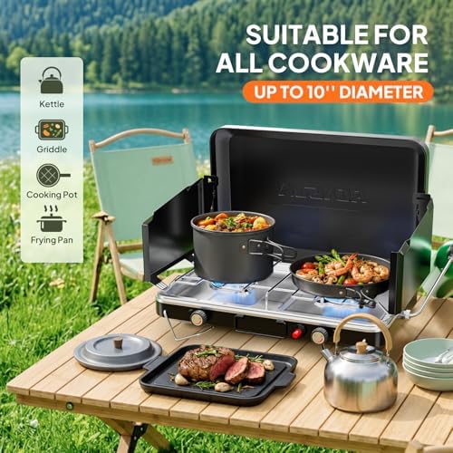 ROVSUN 2 Burner Portable Camping Stove with Igniter, 20000 BTU Propane Camp Stove with Adapter, Built-in Handle & Foldable Wind Panel for Outdoor Camping, Tailgating, Grilling - Image 5