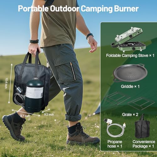 Portable Camping stove, 2 Burner Foldable Camping Stove with Griddle and Carrying Bag & Hose, 8600BTU Portable Propane Camp Stove with Ignition & 2 Adjustable Burners,for Camping Tailgating BBQ Grill - Image 2