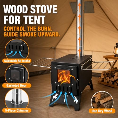 Camping Stove Wood Burning, Hot Tent Stove with Chimney & Viewing Window - Image 5