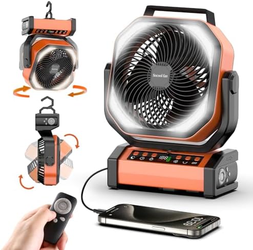 Socool Camping Fan with Light - 20000mAh Rechargeable Battery Fan, 112Hrs Max Run Time, 9 Speeds, Digital Display, Timer, Auto Oscillation, 270° Pivot & Hook for Camping, Power Outage, Hurricane by Socoolfancoolinhand