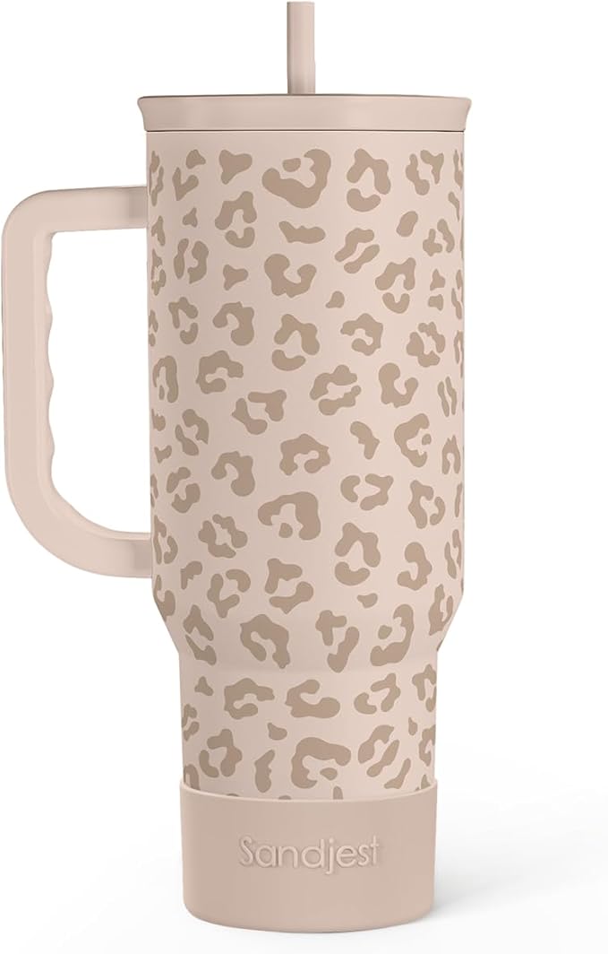 SANDJEST Leopard Tumbler with Handle, Insulated Cup Stainless Steel Travel Mug Cup, Gifts for Women Girl on Birthday Christmas, Tan Leopard, 40oz by SANDJEST