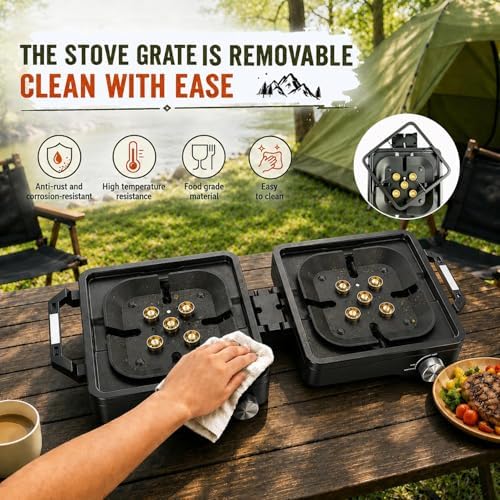 ARTFLAMM 29000 BTU 2 Burner Camping Stove with Windshield, Propane Camp Stove, Portable Folding Gas Stove, Camping Essentials Gear Includes Frying Pan, Coffee Stand & Carry Bag fathersdaygift - Image 6