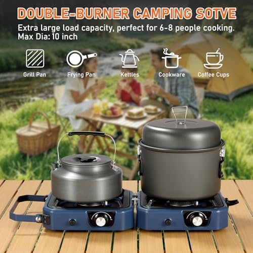 304 Stainless 2 Burner Propane Camping Stove with Griddle,Portable Floding Propane Camp Stoves with 24000BTU,Compatible with Grill Pan,Kettles & Cookware - Image 4
