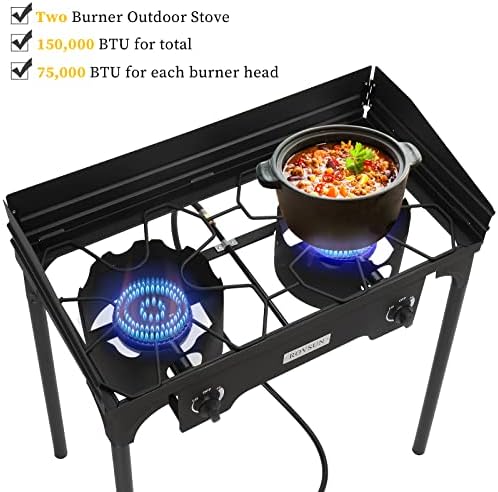 ROVSUN 2 Burner Outdoor Propane Gas Stove with Windpanel, Carrying Bag & Regulator, 150,000 BTU Stand Cooker for Backyard Cooking Camping Home Brewing Canning Turkey Frying - Image 3