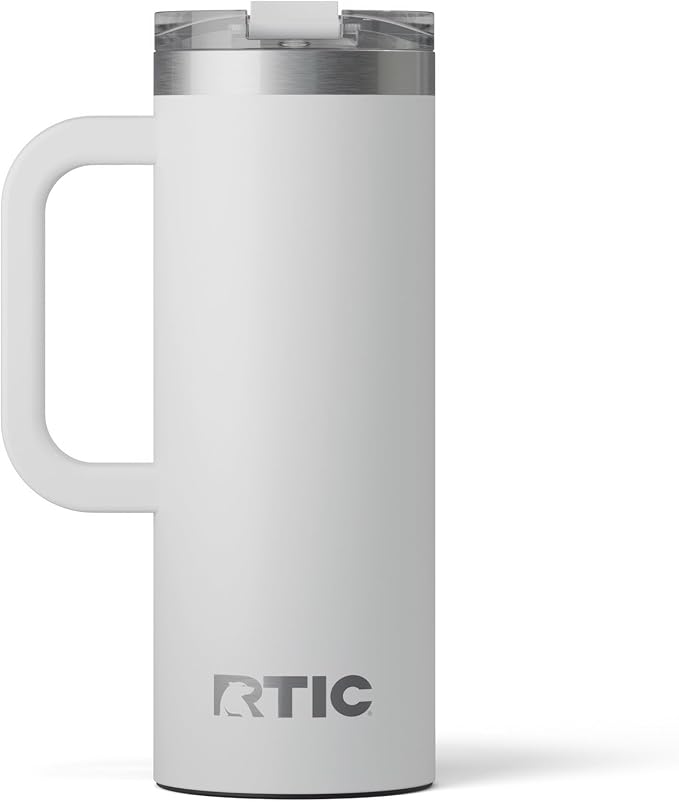 RTIC 20oz Road Trip Travel Mug with Lid and Handle, Ceramic Lined, Insulated, Stainless Steel, Metal, Double Wall Vacuum-Insulation, Portable Coffee, Tea Cup for Hot and Cold Drink, Cool Grey by RTIC