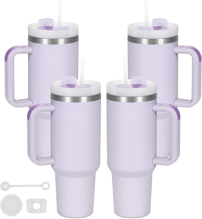 4 Pack 40 Oz Tumbler with Handle Bulk, Double Wall Vacuum Insulated Stainless Steel Tumbler with Lid and Straw, 40 oz cup with Silicone Spill Proof Stopper Set (Purple) by Temolulu