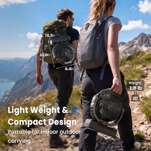 FRIZCOL 3-in-1 Camping Fan - Portable Fans Rechargeable - 48000mAh Battery Powered Fan with Light & Remote for Indoor, Outdoor, Tent, Travel, Fishing, Jobsite, Gifts for Men Dad Him - Black - Image 6