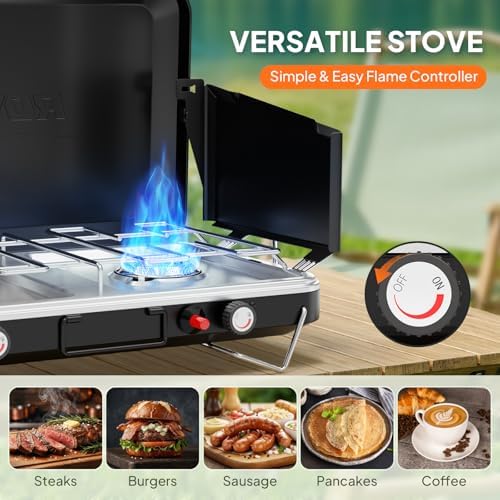 ROVSUN 2 Burner Portable Camping Stove with Igniter, 20000 BTU Propane Camp Stove with Adapter, Built-in Handle & Foldable Wind Panel for Outdoor Camping, Tailgating, Grilling - Image 3