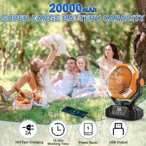 Multper 20000mAh Camping Fan with LED Lantern, 65H Runtime Battery Operated Fan for Tent, Auto-Oscillating Rechargeable Fan with Remote, 4 Speeds Personal Desk Fan for Camping, RV, Jobsite, Outage - Image 2
