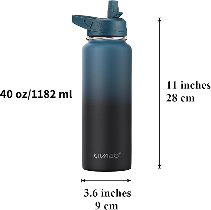 CIVAGO 40 oz Insulated Water Bottle With Straw, Stainless Steel Sports Water Cup Flask with 3 Lids (Straw, Spout and Handle Lid), Double Walled Travel Thermal Canteen Mug, Indigo Black - Image 4