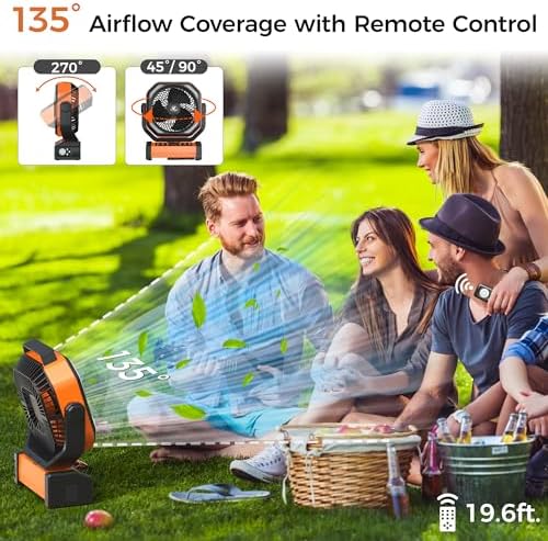 Camping Fan with Light - 20000mAh Rechargeable Battery Tent Fan, 112Hrs Max, 8 Speeds, Digital Display, Timer, Auto Oscillation, 270° Pivot & Hook for Garage, RV, Hurricane, Co-Branded with AMACOOL - Image 6