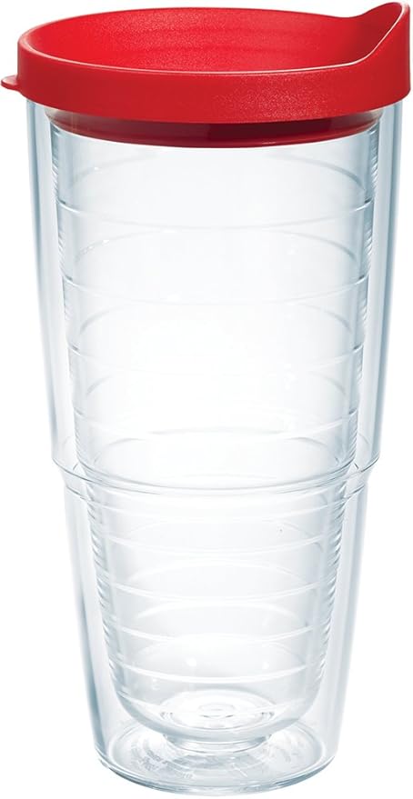 Tervis Clear & Colorful Lidded Made in USA Double Walled Insulated Tumbler Travel Cup Keeps Drinks Cold & Hot, 24oz, Red Lid by TervisTumblerCompany