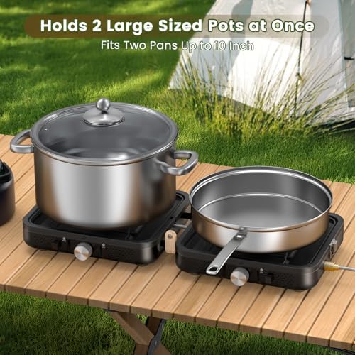 OGERY 2-Burner Foldable Camping Stove with Griddle (Textured & Smooth) and Carrying Bag, Portable Propane Camp Stove with 2 Adjustable Burners & Piezo Ignition, for Camping Tailgating Essentials Gear - Image 3