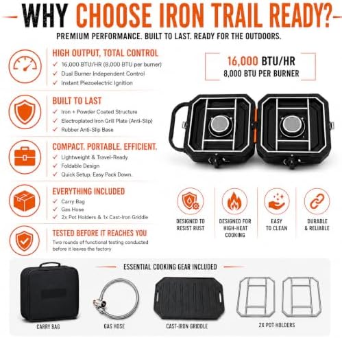 Camping Stove 2 Burner Propane with Griddle, Portable Foldable Camp Stove with Piezo Ignition, Adjustable Burners, Gas Hose & Carry Bag - Image 2