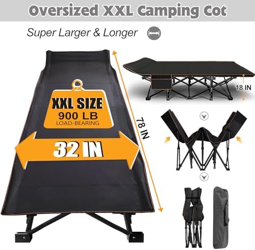 ABORON XXL Camping Cot for Adults 900LBS - 78"×32" Oversized Folding Bed with Mattress Pad, Heavy Duty 1200D Oxford Outdoor Cot with Carry Bag - Image 5