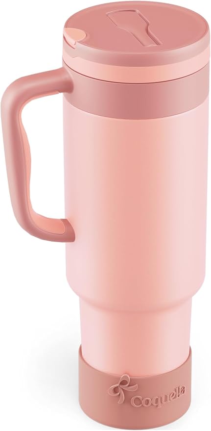 40 oz Insulated Tumbler with Handle and Push-Button Straw Lid, Stainless Steel Travel Cup for Gym Office, Leakproof, BPA-Free, Cup Holder Friendly, Bow Silicone Boot, (Peach Roasted) by Coquella