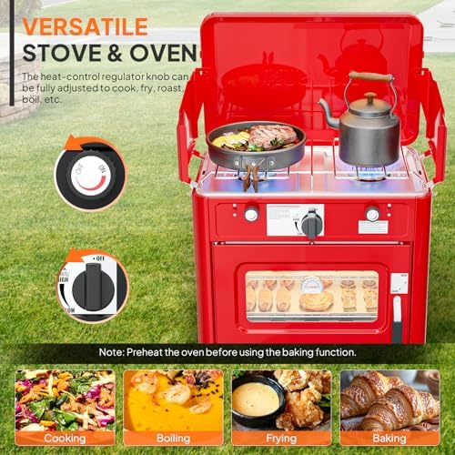 ROVSUN 2-in-1 Portable Camping Stove & Propane Oven with Piezo Igniter, 2 Burner Stove & Outdoor Oven with Adjustable Fire, Thermometer, Wind Panel & Regulator for Traveling, Tailgating (Red) - Image 3