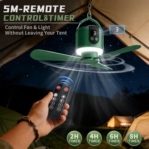 18“ Camping Ceiling Fan with Light & Remote, 15600mAh Battery Operated Tent Fan,Power Bank,Rechargeable Battery Powered Fan,Hangable Camping Fan,Camping Essential (Green) - Image 2