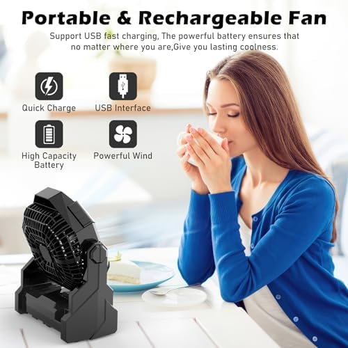 Camping Fan Rechargeable, 10400mAh Portable Battery Operated Camping Fan for Tents, Hangable USB Silent Camping Fans with LED Lantern, Suitable for Fishing, Camping, Bedroom, Workplace (Black) - Image 2