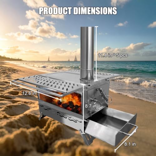 Camping Wood Burning Stove, Hot Tent Stove with Extra Baking Tray, Outdoor Stainless Steel Stove with 6 Chimney Pipes for Outdoor Camping, Cooking - Image 7